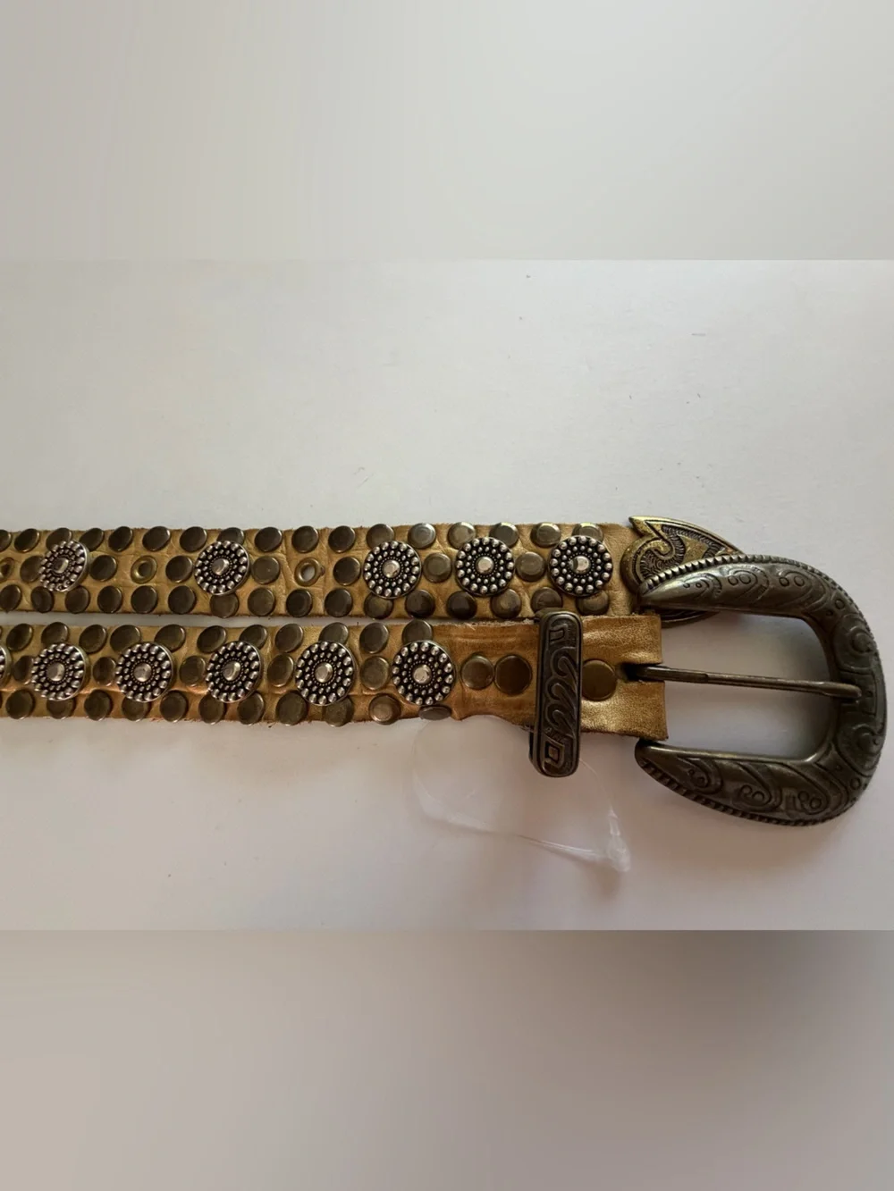 Western Studded Leather Belt with Decorative Silver Buckle - Tan